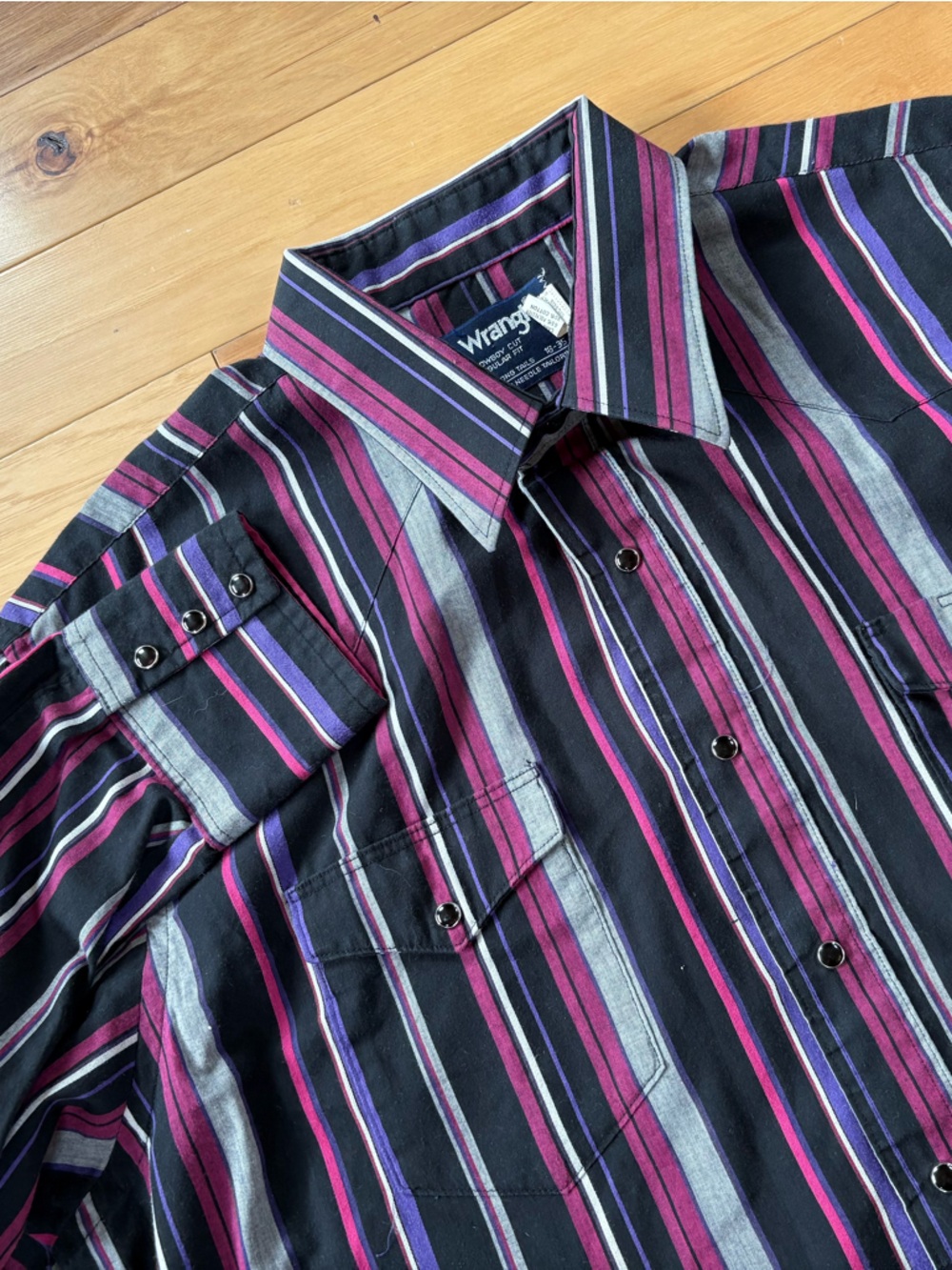 Vintage Wrangler Cowboy Cut Shirt Mens Sz 18-35 Black Pearl Striped X-Long Tails